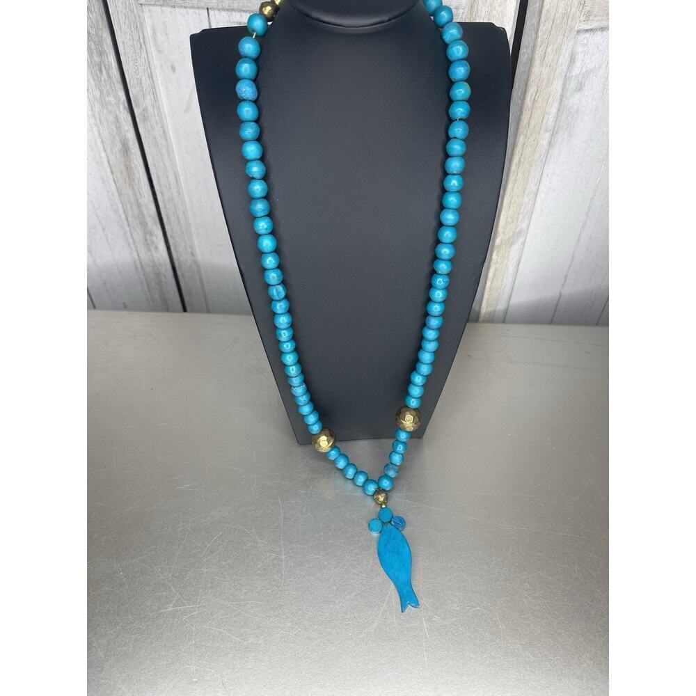 Vintage Bright Blue Wood & Gold Bead Statement Necklace Retro Fish Accent